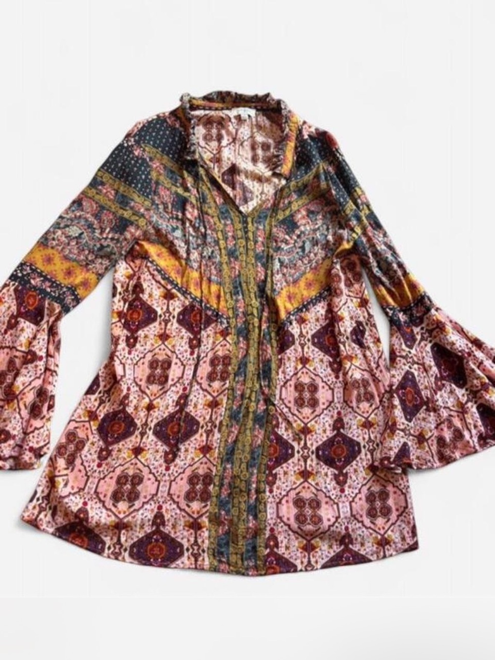 Umgee Multicolor Boho V-Neck Bell Sleeve Tunic or Mini- Pink, Mustard & Burgundy